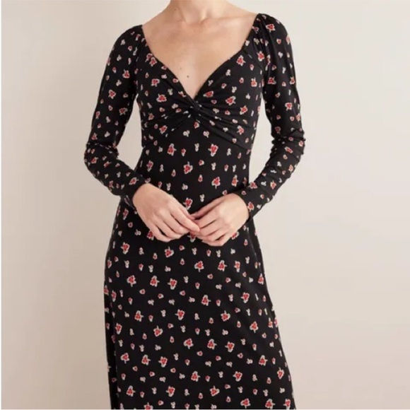 Boden Sweetheart Jersey Midi Dress Black Rose Pop Floral long sleeve Size 12 - Picture 2 of 9
